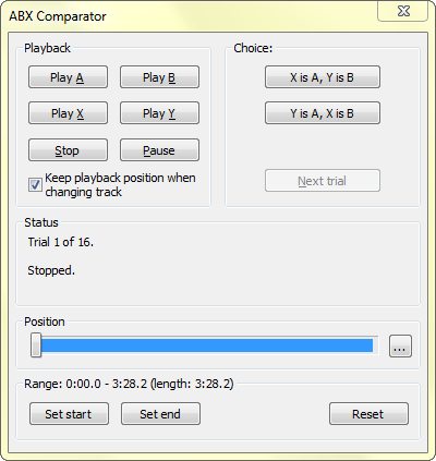 Основное окно тестирования в ABX Comparator
